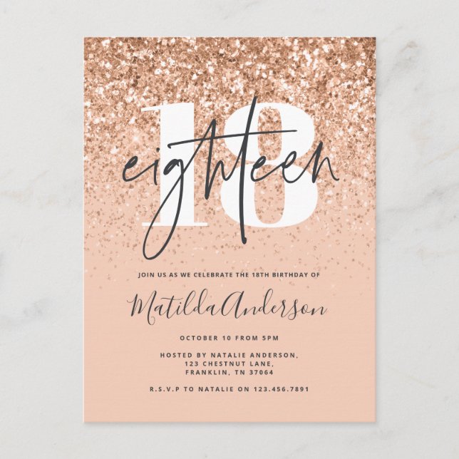 Girly modern peach glitter typography 18 birthday postcard (Front)