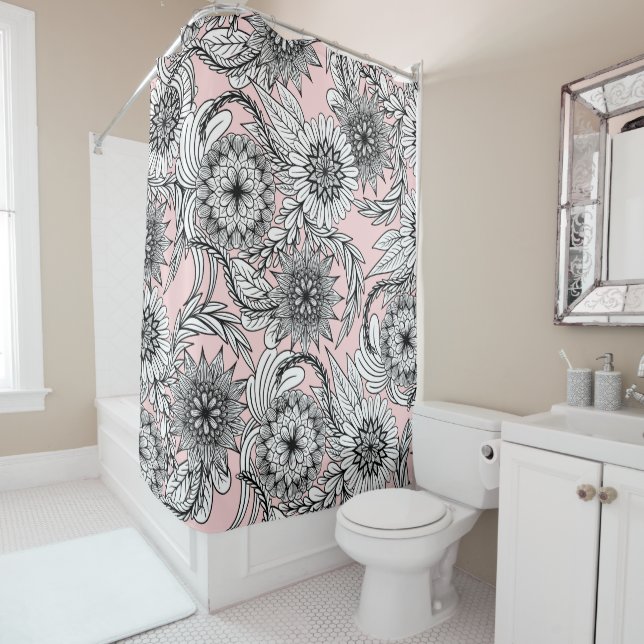 Girly Modern Pink Black White Floral Drawings (In Situ)