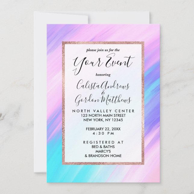 Girly Modern Pink Blue Purple Paint Smudges Invitation (Front)