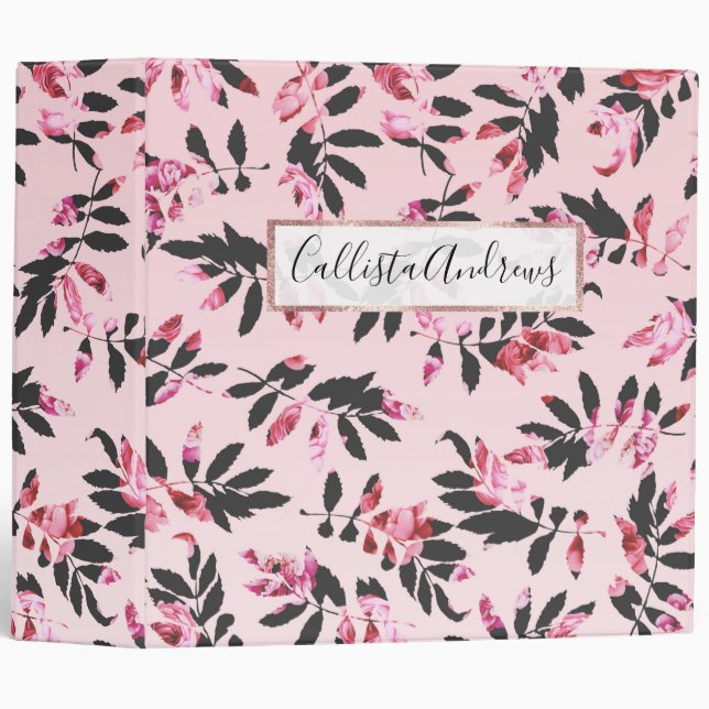 Girly Modern Pink Blush Black Floral Print Leaves Binder (Front/Spine)