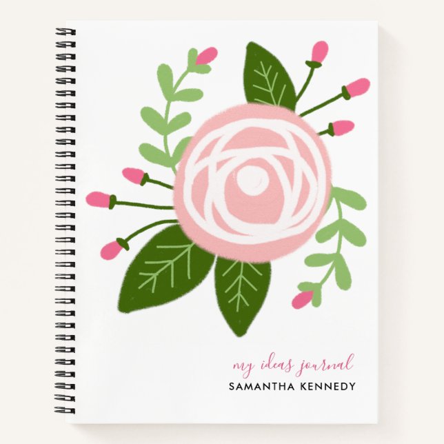 Girly Modern Pink Floral Custom Name Sketchbook Notebook (Front)