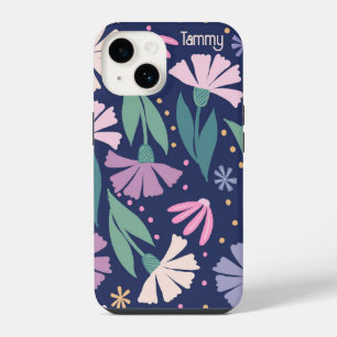 Girly Modern Pink Flowers iPhone Case Navy blue