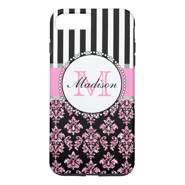 Girly Modern Pink Glitter Damask Personalized Case-Mate iPhone Case (Back)