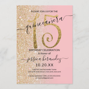 Girly Modern Pink Gold Glitter Ombre Quinceañera Invitation
