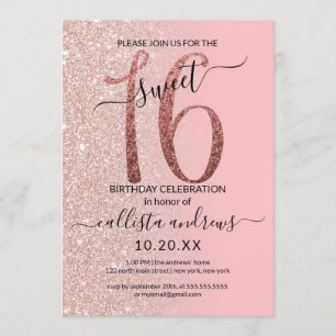 Girly Modern Pink Rose Gold Glitter Ombre Sweet 16 Invitation