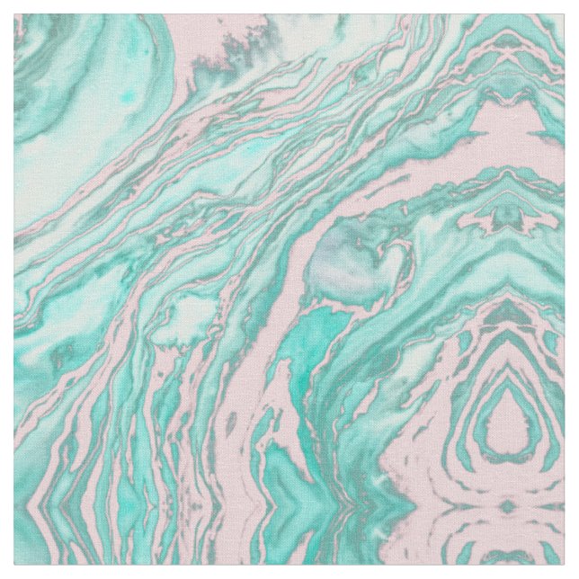Girly Modern Pink Teal Green Smoky Marble Pattern Fabric (Close Up)