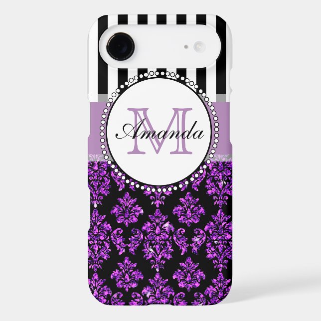 Girly Modern Purple Glitter Damask Personalized Case-Mate iPhone Case (Back)