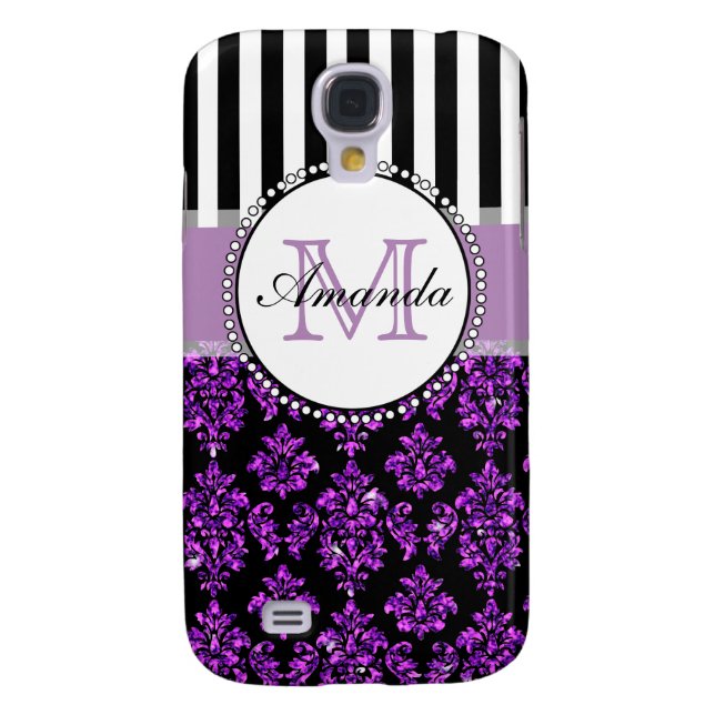 Girly Modern Purple Glitter Damask Personalized Case-Mate Samsung Galaxy Case (Back)