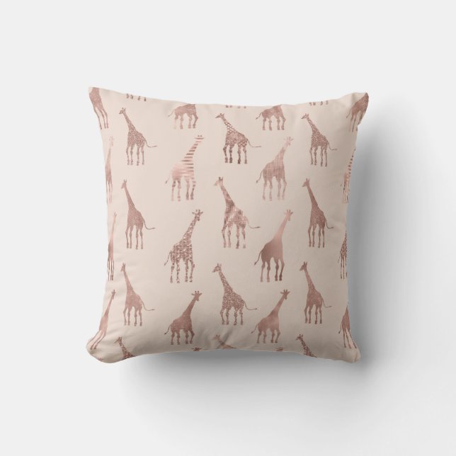 Girly Modern Rose Gold Blush Pink Giraffes Outdoor Pillow (Front)