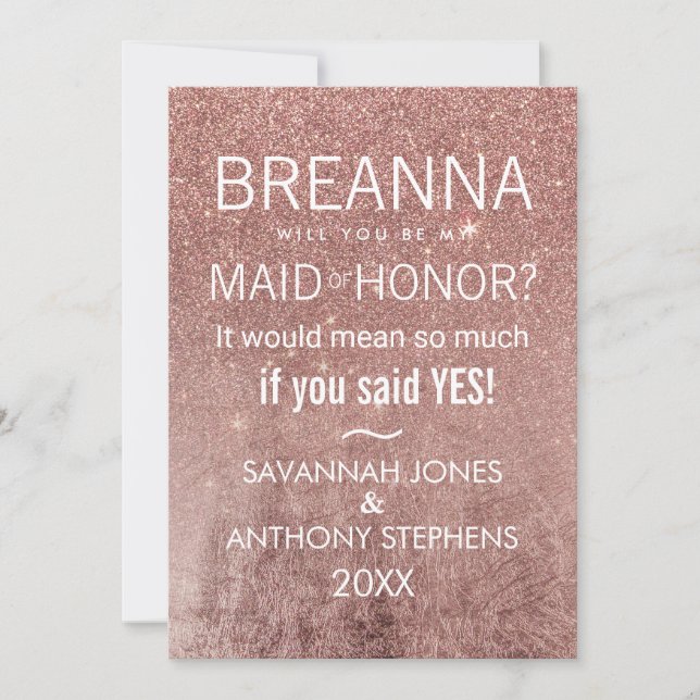 Girly Modern Rose Gold Glitter Foil Maid of Honour Invitation (Front)