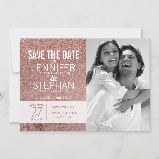Girly Modern Rose Gold Glitter Foil Save the Dates Save The Date (Front)