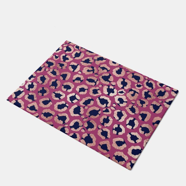 Girly Modern Rose Gold Navy Purple Leopard Print Doormat (Angled)