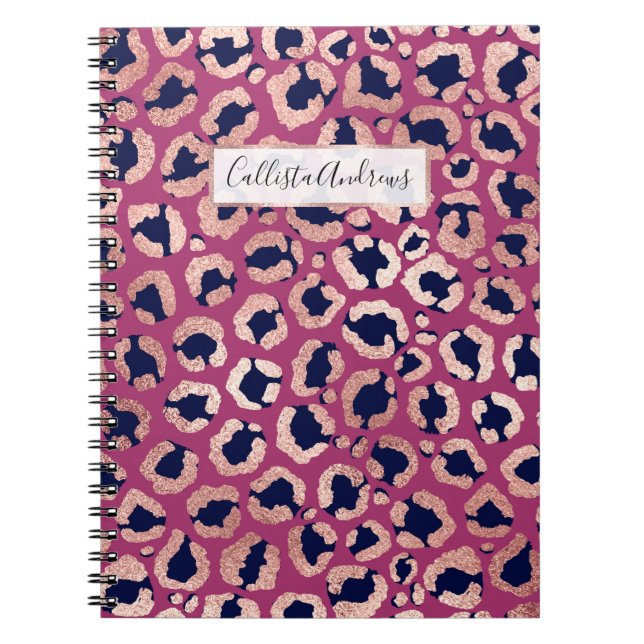 Girly Modern Rose Gold Navy Purple Leopard Print Notebook (Front)