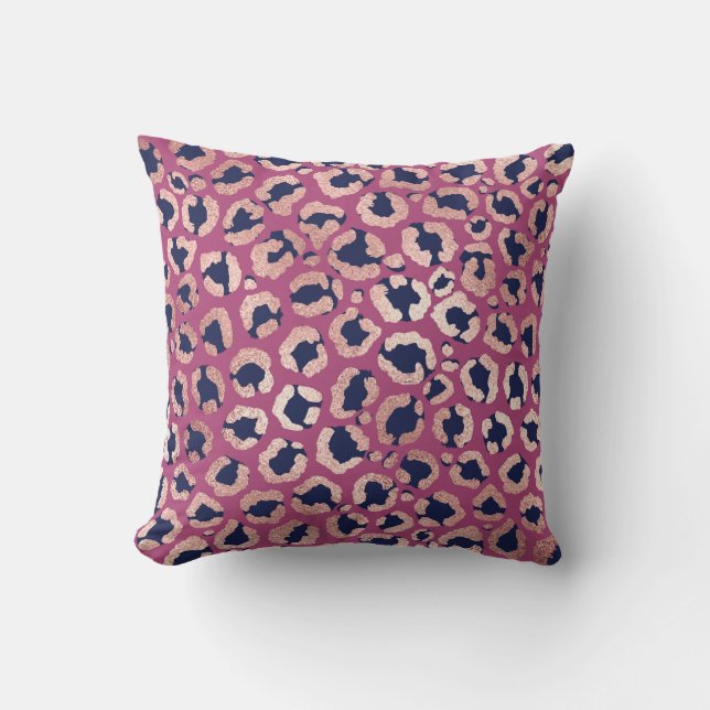 Girly Modern Rose Gold Navy Purple Leopard Print Outdoor Pillow (Front)