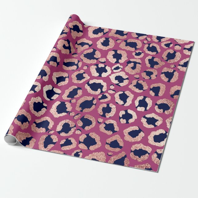Girly Modern Rose Gold Navy Purple Leopard Print Wrapping Paper (Unrolled)