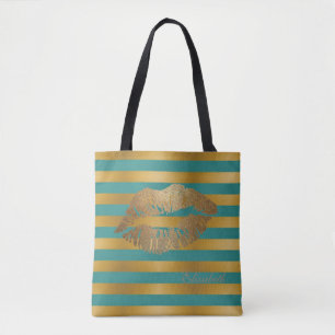 Girly Modern  Stripes,Glittery Lips,Personalized Tote Bag