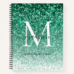 Girly Modern Teal Green Glitter Sparkle Monogram Notebook