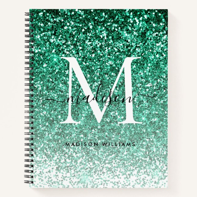 Girly Modern Teal Green Glitter Sparkle Monogram Notebook (Front)