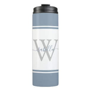 Girly Modern Trendy Monogram Script Dusty Blue Thermal Tumbler
