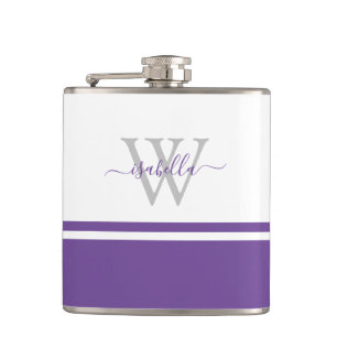 Girly Modern Trendy Monogram Script Purple Hip Flask