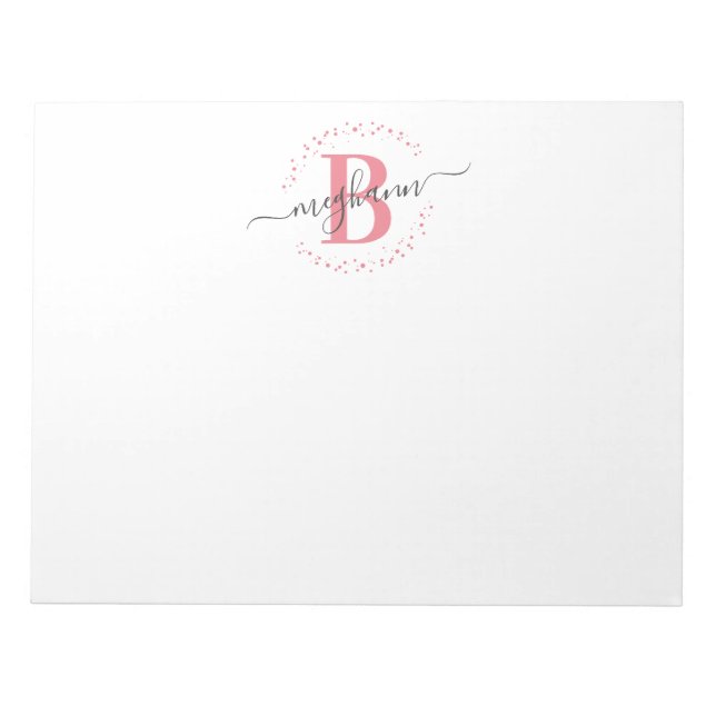 Girly Modern White Pink Name Script Monogrammed Notepad (Front)