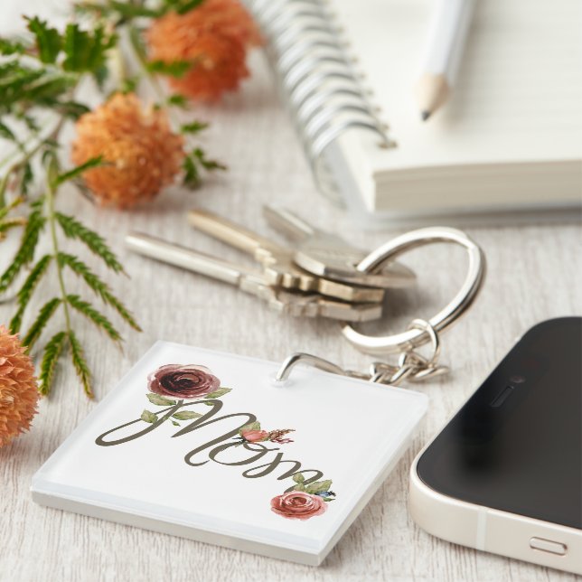 Girly Mom Watercolor Blush Pink Roses Mother's Day Keychain (Front Right)