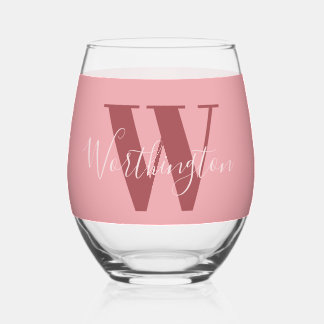 Girly Monogram and Name pink blush red Stemless Wine Glass