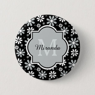 Girly Monogram Black White Daisy Flowers With Name 2 Inch Round Button