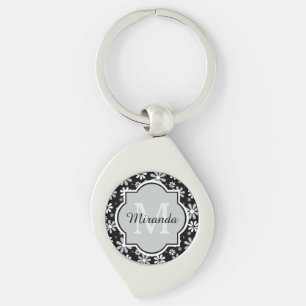 Girly Monogram Black White Daisy Flowers With Name Keychain