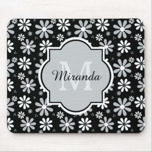 Girly Monogram Black White Daisy Flowers With Name Mouse Pad