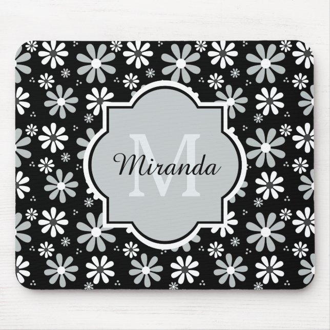 Girly Monogram Black White Daisy Flowers With Name Mouse Pad (Front)