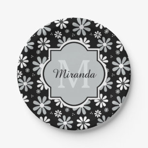 Girly Monogram Black White Daisy Flowers With Name Paper Plate
