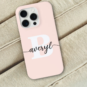 Girly Monogram Blush Pink Script Monogrammed Name iPhone 15 Pro Case