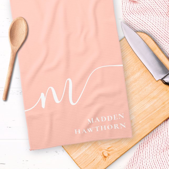 Girly Monogram Calligraphy Coral Blush Pink Kitchen Towel (Creator Uploaded)