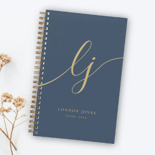 Girly Monogram Calligraphy Initials Navy Gold Notebook