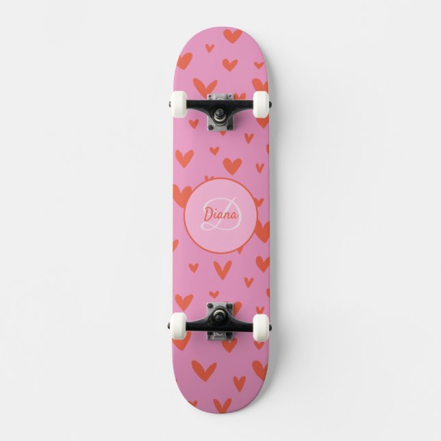 Girly Monogram cute hearths with name Skateboard (Front)