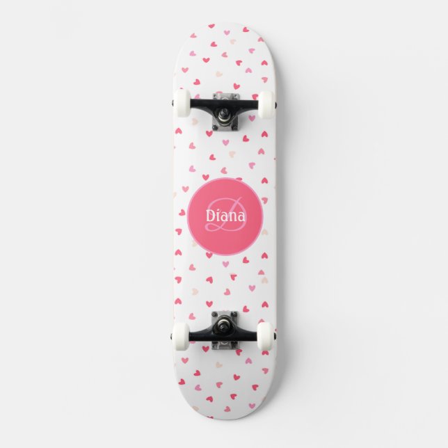 Girly Monogram cute hearths with name Skateboard (Front)