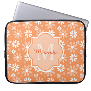 Girly Monogram Cute Orange Daisy Flowers and Name Laptop Sleeve