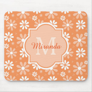 Girly Monogram Cute Orange Daisy Flowers and Name Mouse Pad