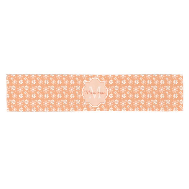Girly Monogram Cute Orange Daisy Flowers and Name Short Table Runner (Horizontal)