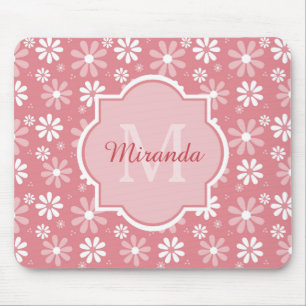 Girly Monogram Cute Pink Daisy Flowers With Name Mouse Pad