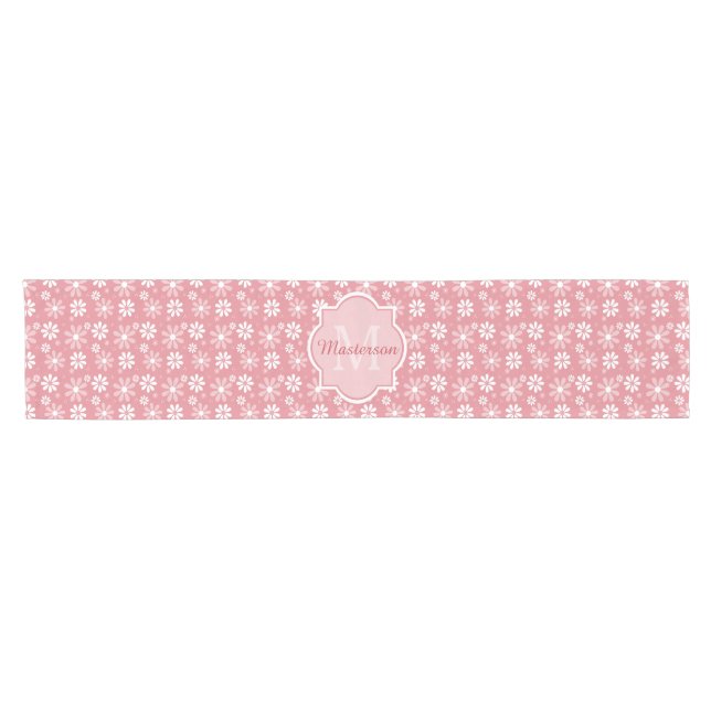 Girly Monogram Cute Pink Daisy Flowers With Name Short Table Runner (Horizontal)