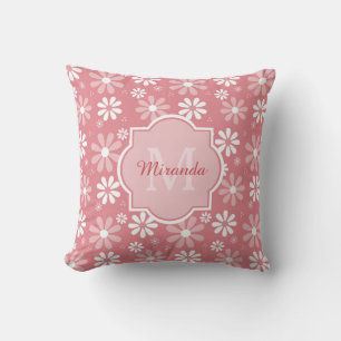 Girly Monogram Cute Pink Daisy Flowers With Name Throw Pillow