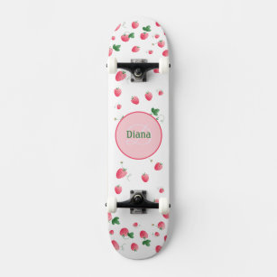 Girly Monogram cute strawberres with name Skateboard