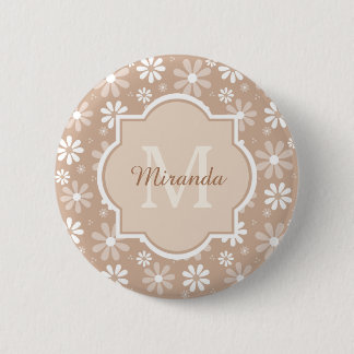 Girly Monogram Cute Tan Daisy Flowers and Name 2 Inch Round Button