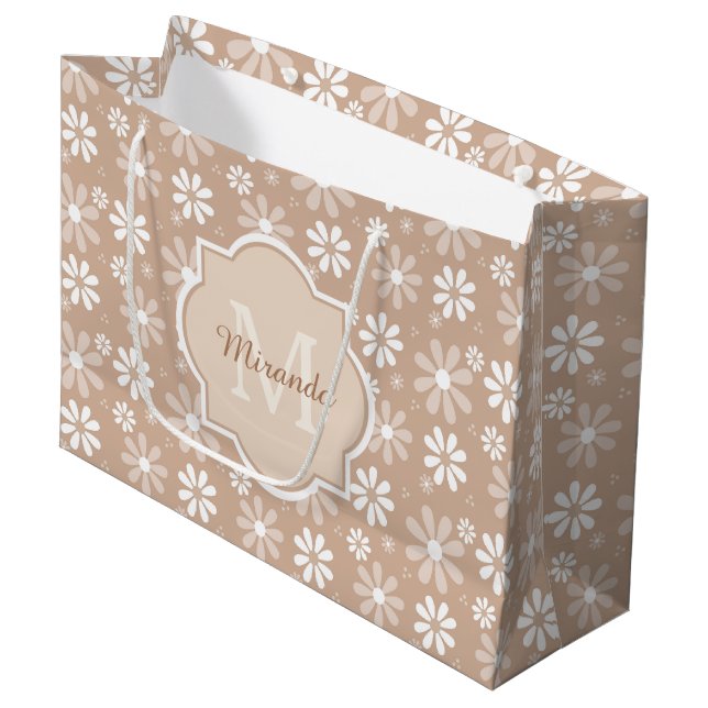 Girly Monogram Cute Tan Daisy Flowers and Name Large Gift Bag (Front Angled)