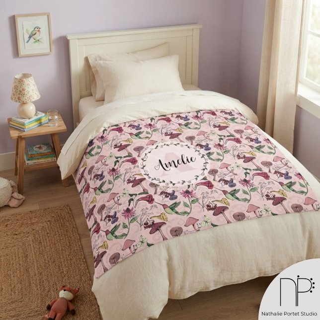 Girly Monogram Garden Hummingbird Fleece Blanket (Hand-drawn ink hummingbird bignonia flower mushroom blush pink monogram kids fleece blanket)