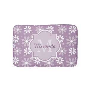 Girly Monogram Light Purple Daisy Flowers and Name Bath Mat