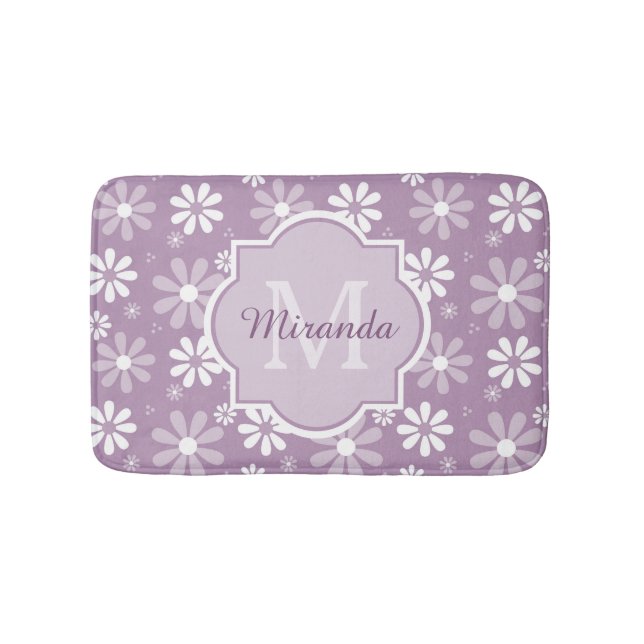 Girly Monogram Light Purple Daisy Flowers and Name Bath Mat (Front)