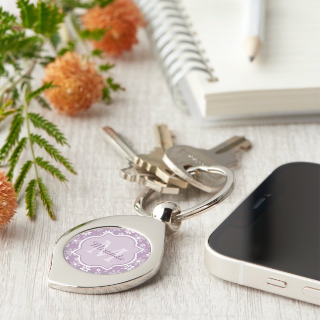 Girly Monogram Light Purple Daisy Flowers and Name Keychain (Side)